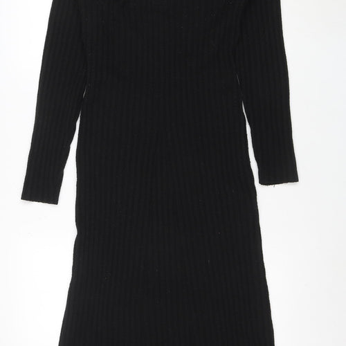 OMNES Women Black Collared Ribbed Bodycon Midi Knit Dress M