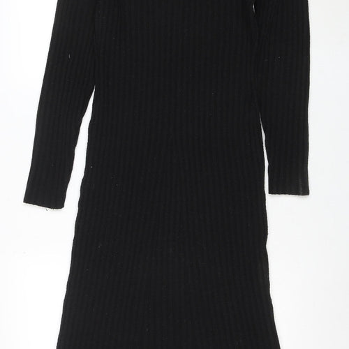 OMNES Women Black Collared Ribbed Bodycon Midi Knit Dress M