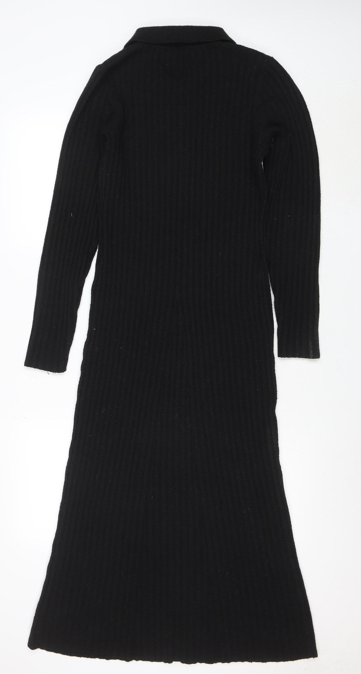 OMNES Women Black Collared Ribbed Bodycon Midi Knit Dress M