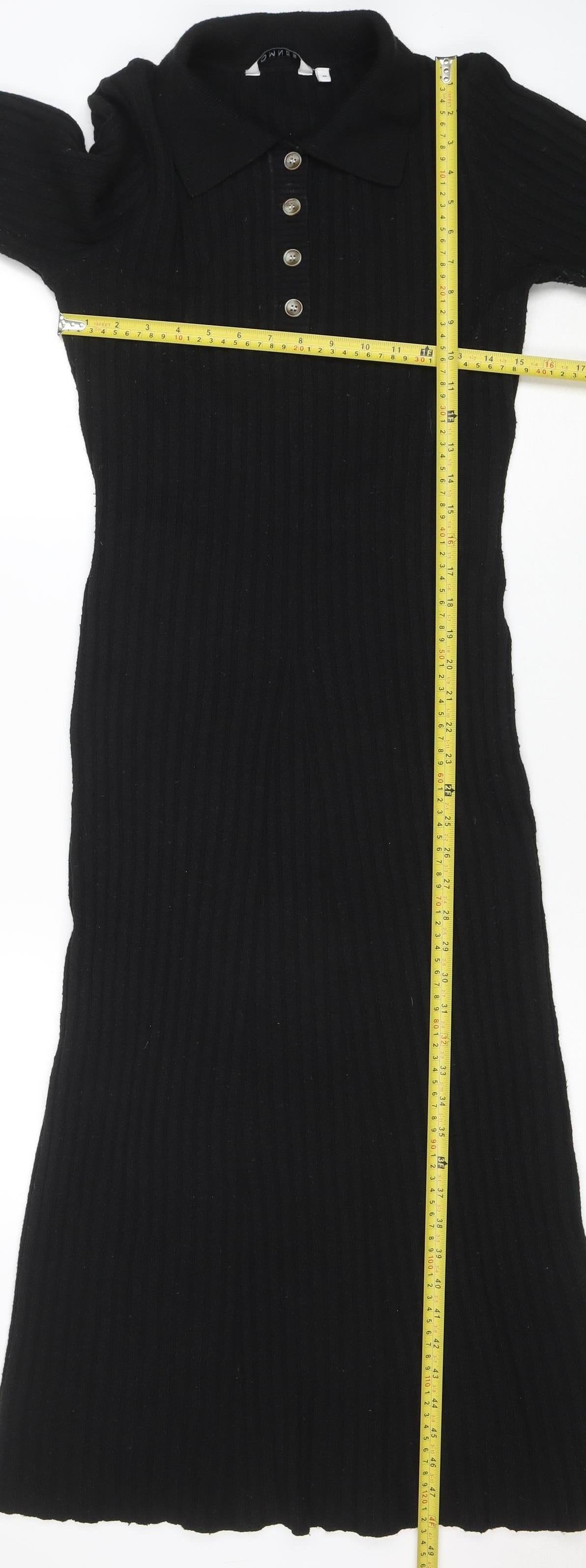 OMNES Women Black Collared Ribbed Bodycon Midi Knit Dress M