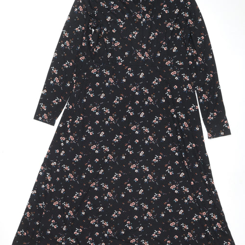 New Look Womens Black Floral Wrap Midi Dress Size 14 Viscose