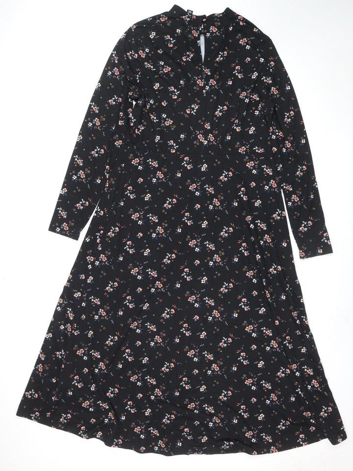 New Look Womens Black Floral Wrap Midi Dress Size 14 Viscose