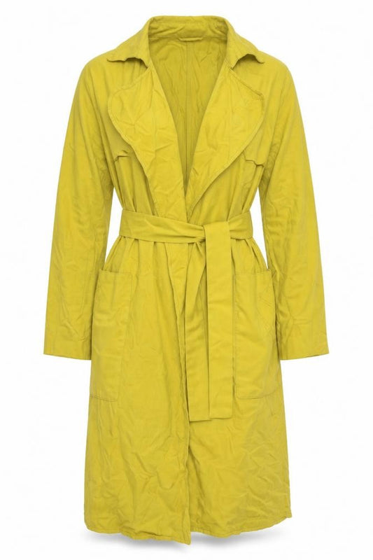 Front view of Zara Trafaluc Women's Yellow Long Belted Trench Coat, size S