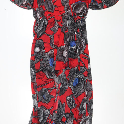 New Look Women Red Floral Jumpsuit Size 14 V-Neck Short Sleeve Lightweight