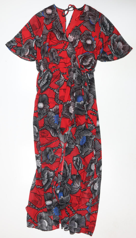 New Look Women Red Floral Jumpsuit Size 14 V-Neck Short Sleeve Lightweight