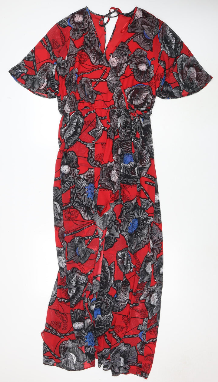 New Look Women Red Floral Jumpsuit Size 14 V-Neck Short Sleeve Lightweight