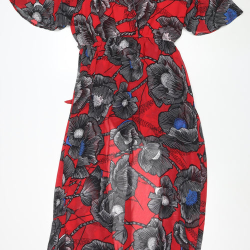 New Look Women Red Floral Jumpsuit Size 14 V-Neck Short Sleeve Lightweight