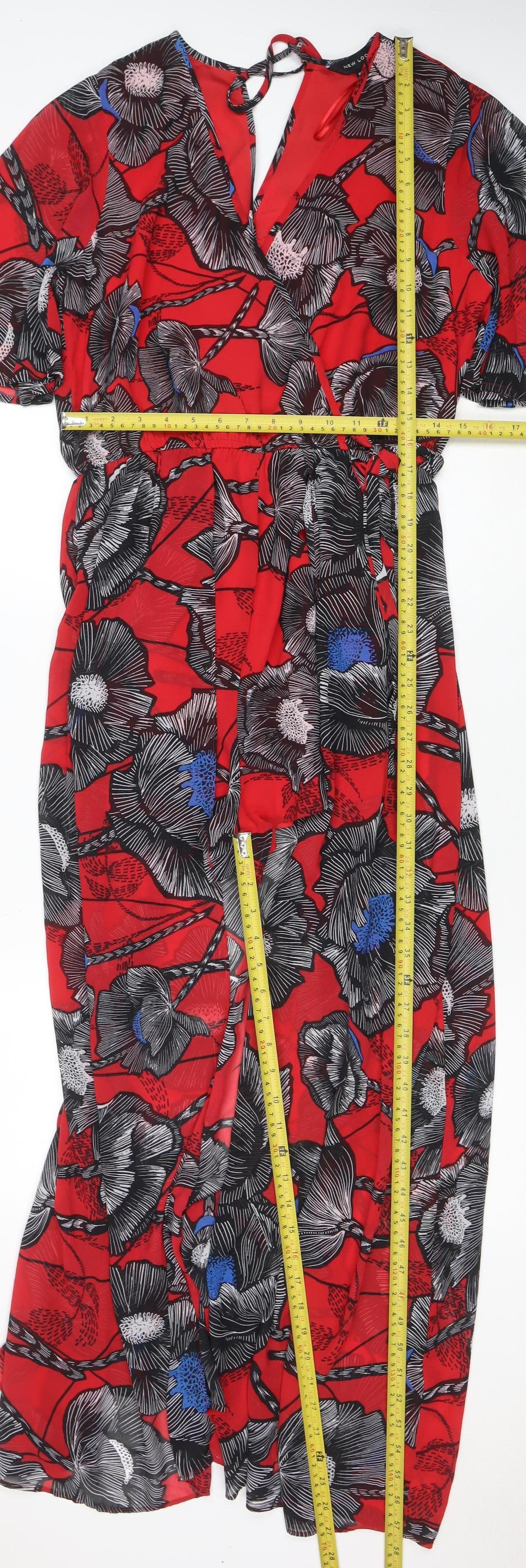 New Look Women Red Floral Jumpsuit Size 14 V-Neck Short Sleeve Lightweight