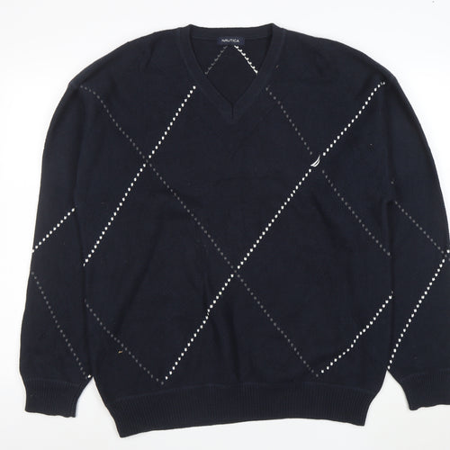 Nautica Men’s Blue Argyle V-Neck Cotton Jumper Size L