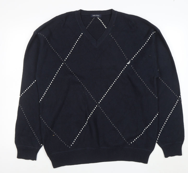 Nautica Men’s Blue Argyle V-Neck Cotton Jumper Size L