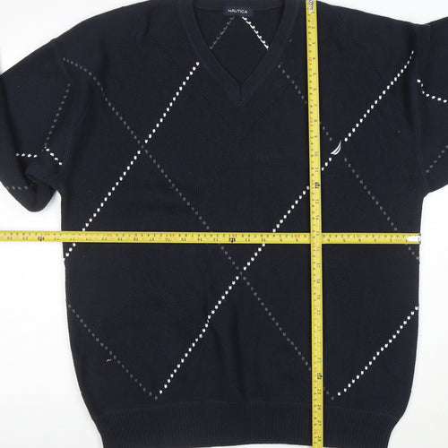 Nautica Men’s Blue Argyle V-Neck Cotton Jumper Size L
