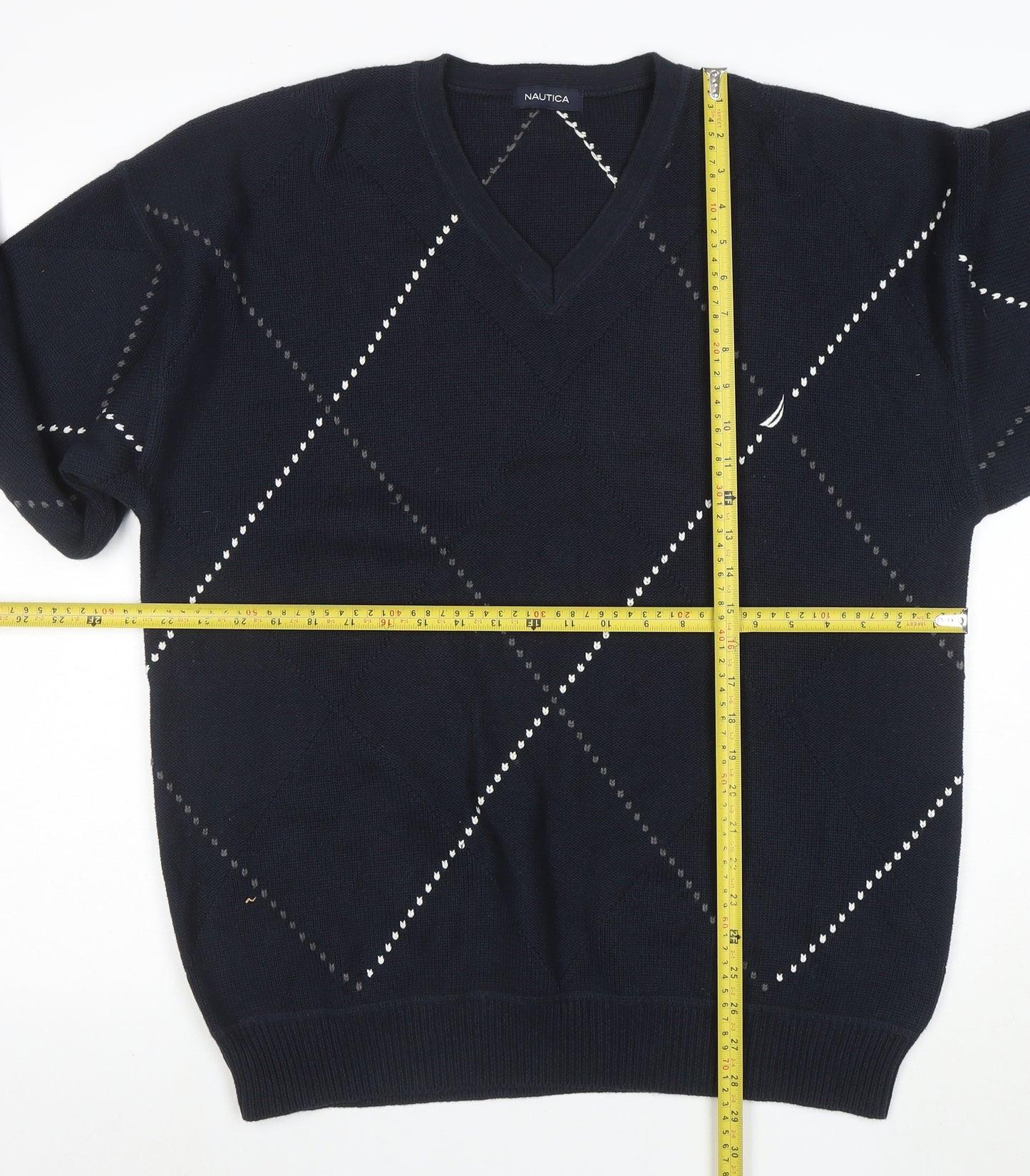 Nautica Men’s Blue Argyle V-Neck Cotton Jumper Size L