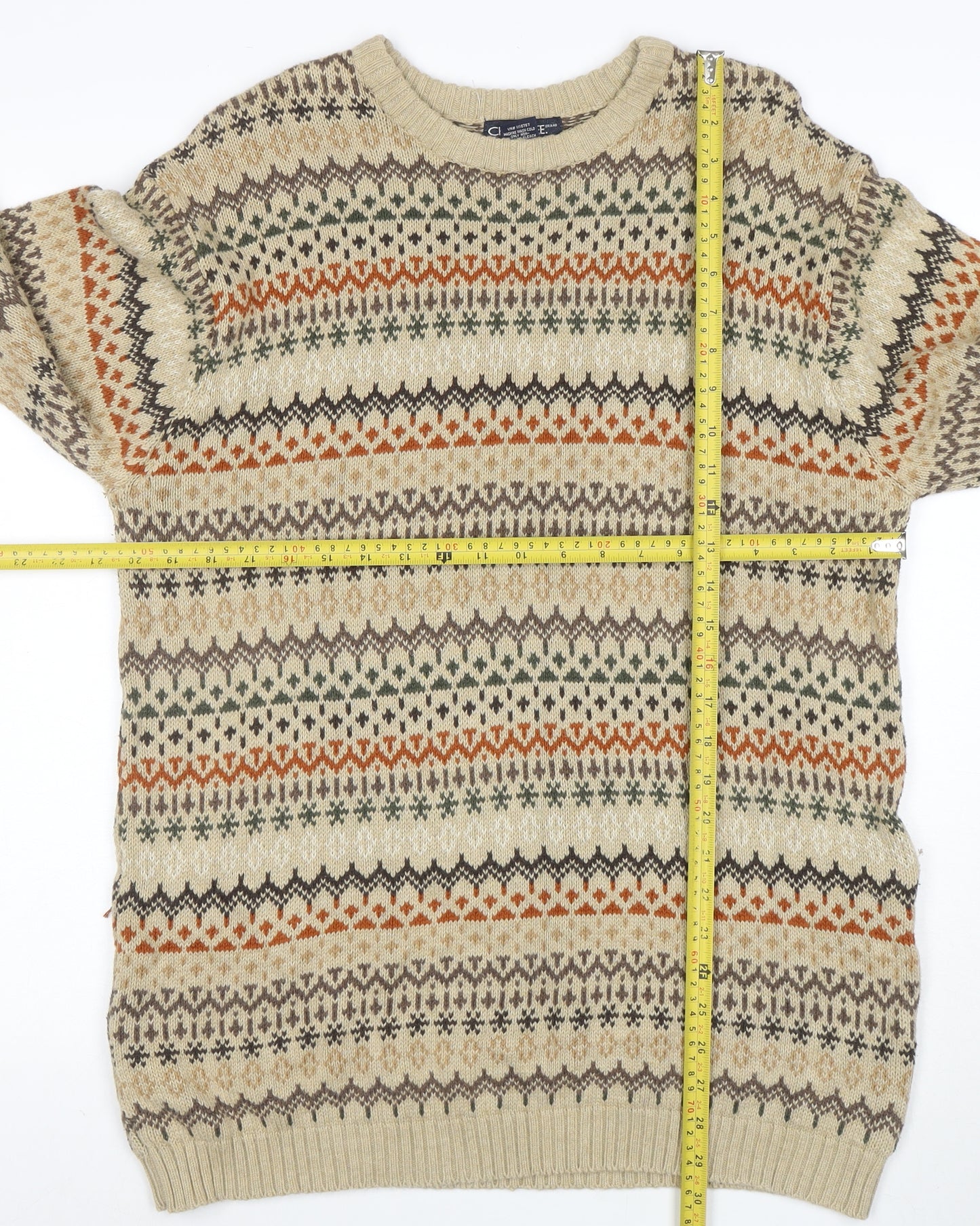 Cherokee Men's Beige Fair Isle Cotton Pullover Jumper Size L