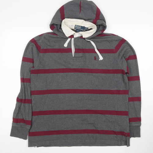 Ralph Lauren Men’s Grey Striped Henley Hoodie M Slim Fit Cotton