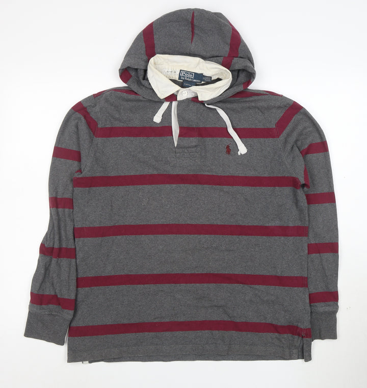 Ralph Lauren Men’s Grey Striped Henley Hoodie M Slim Fit Cotton