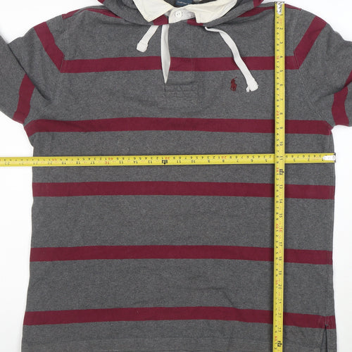 Ralph Lauren Men’s Grey Striped Henley Hoodie M Slim Fit Cotton