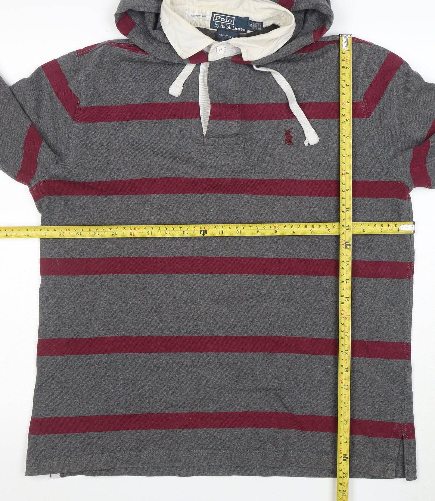 Ralph Lauren Men’s Grey Striped Henley Hoodie M Slim Fit Cotton