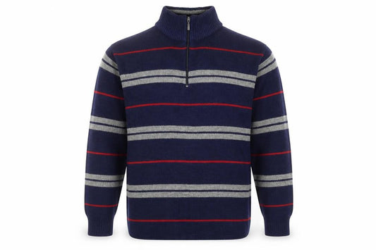 Front view of Penmans men’s blue striped 1/2 zip high neck acrylic jumper, size L