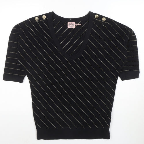 Juicy Couture Womens Black Striped Short Sleeve V-Neck Knit Top S