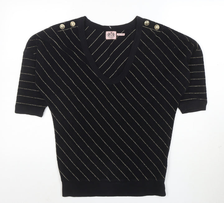Juicy Couture Womens Black Striped Short Sleeve V-Neck Knit Top S