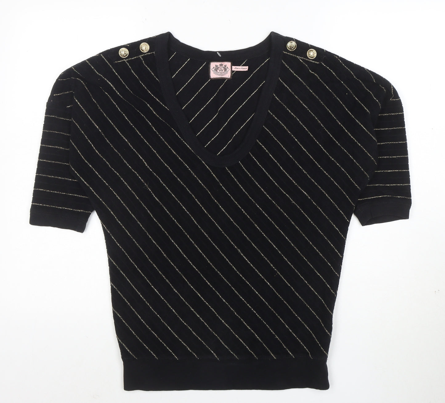 Juicy Couture Womens Black Striped Short Sleeve V-Neck Knit Top S