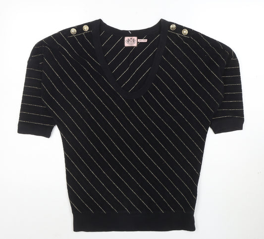 Juicy Couture Womens Black Striped Short Sleeve V-Neck Knit Top S