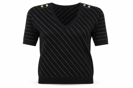 Front view of Juicy Couture women’s black striped short sleeve v-neck knit top s