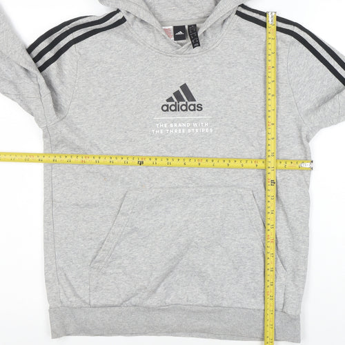 Adidas Boys Grey Hooded Pullover Hoodie 13-14 Years Cotton Blend