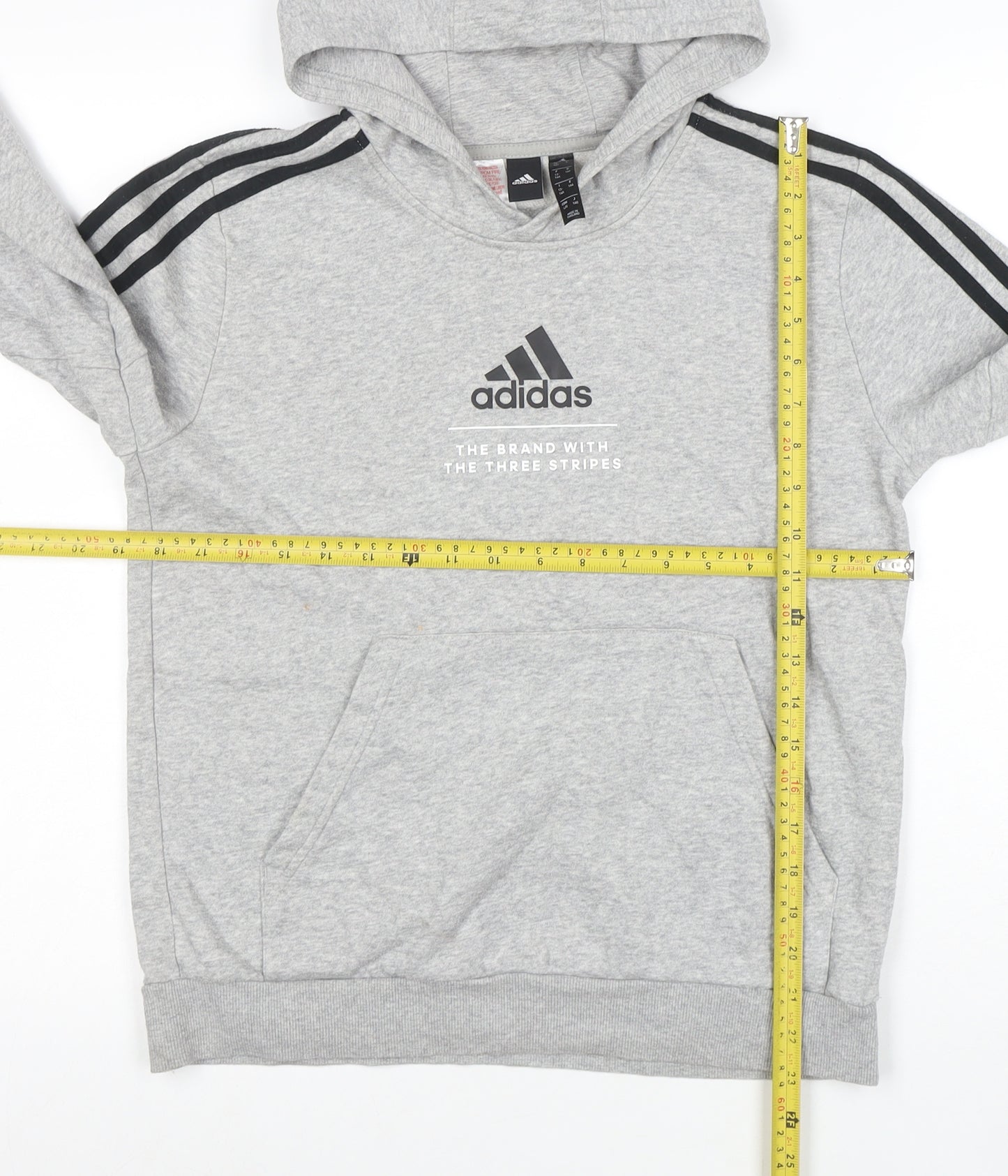 Adidas Boys Grey Hooded Pullover Hoodie 13-14 Years Cotton Blend
