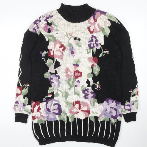 Boaz Womens Black Floral Mock Neck Chunky Knit Jumper Size M