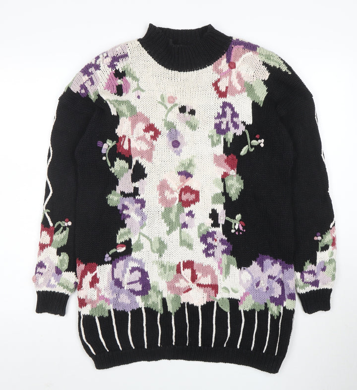 Boaz Womens Black Floral Mock Neck Chunky Knit Jumper Size M