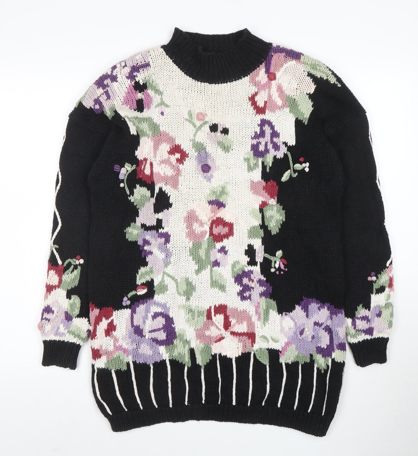 Boaz Womens Black Floral Mock Neck Chunky Knit Jumper Size M