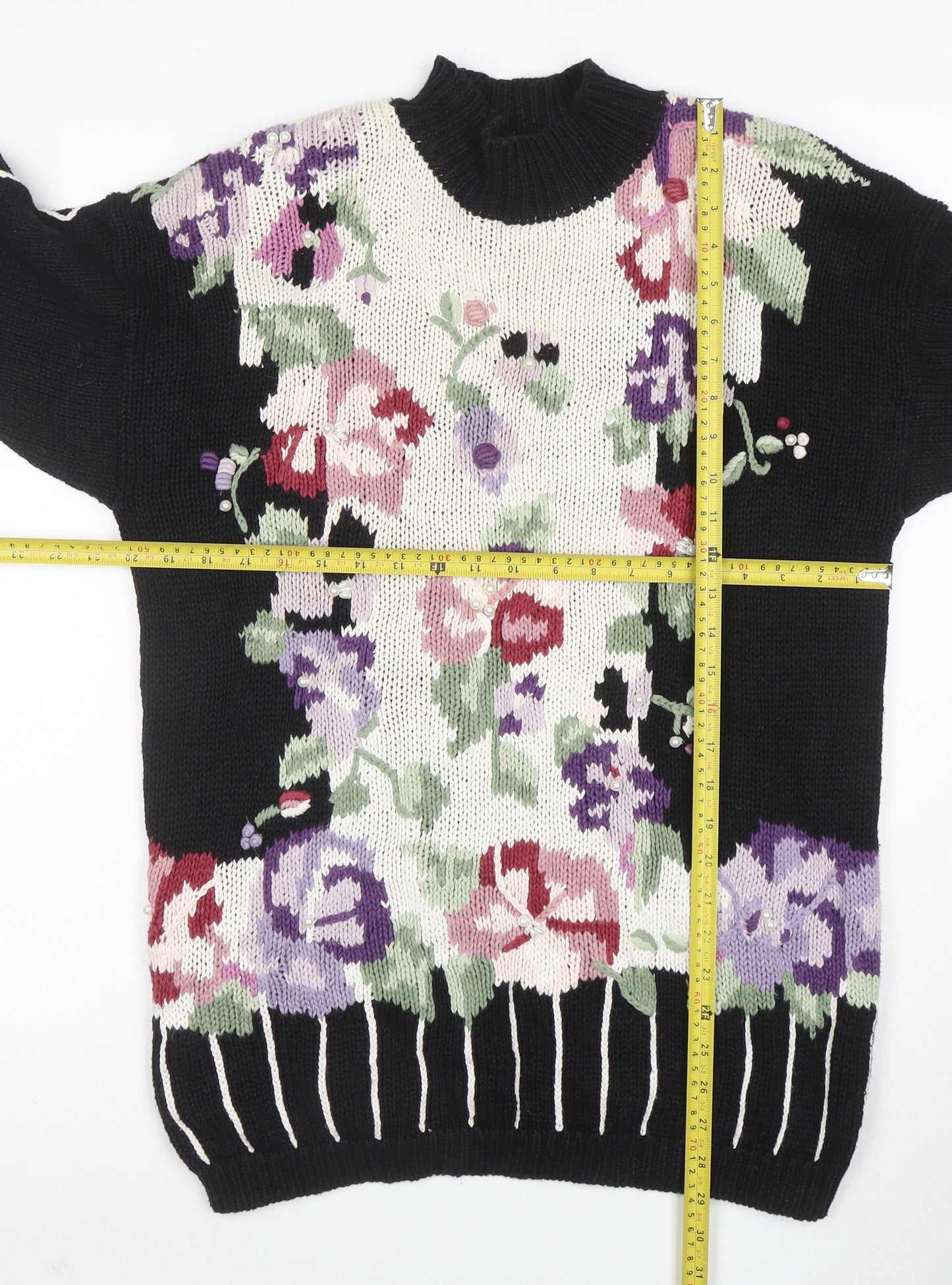 Boaz Womens Black Floral Mock Neck Chunky Knit Jumper Size M