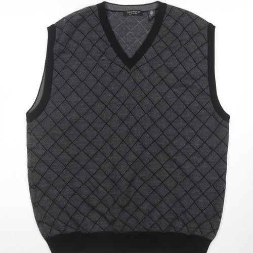Segreto Men's Grey Argyle Merino Wool V-Neck Vest XL