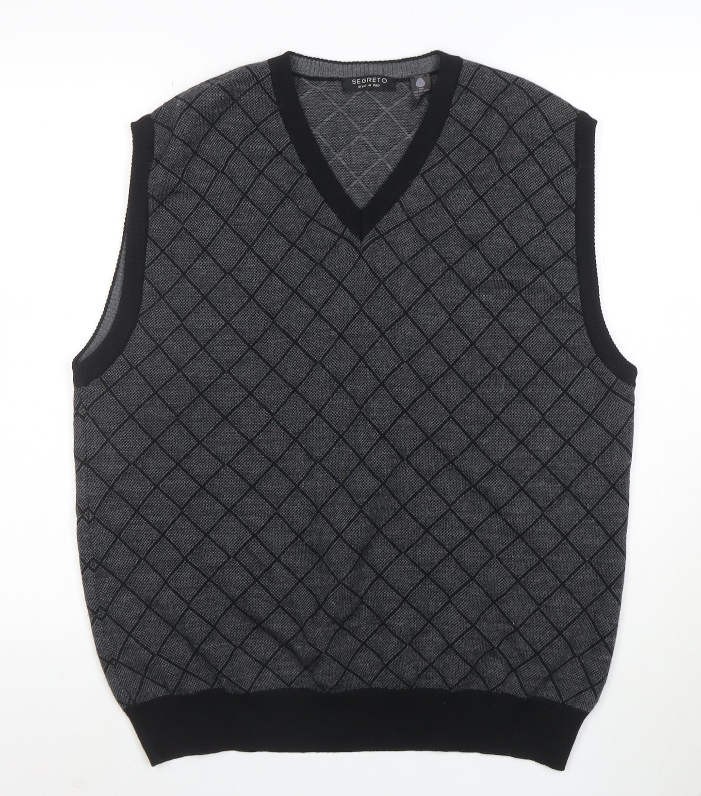 Segreto Men's Grey Argyle Merino Wool V-Neck Vest XL