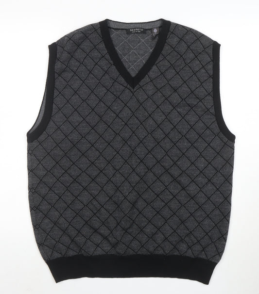 Segreto Men's Grey Argyle Merino Wool V-Neck Vest XL