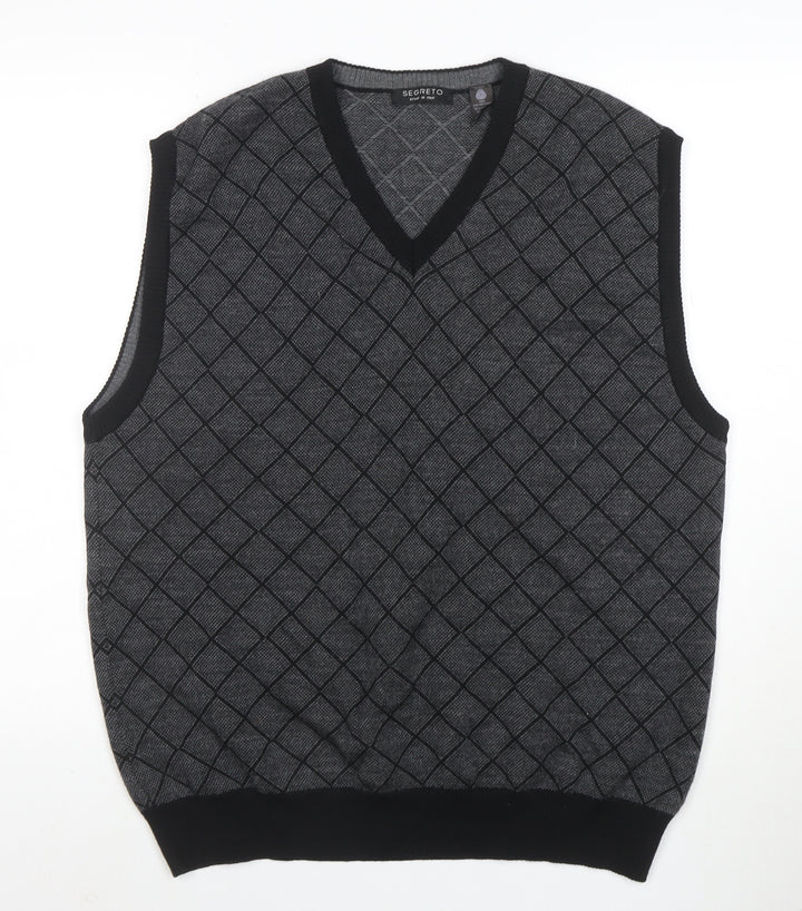 Segreto Men's Grey Argyle Merino Wool V-Neck Vest XL