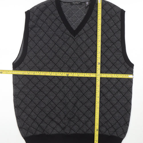 Segreto Men's Grey Argyle Merino Wool V-Neck Vest XL