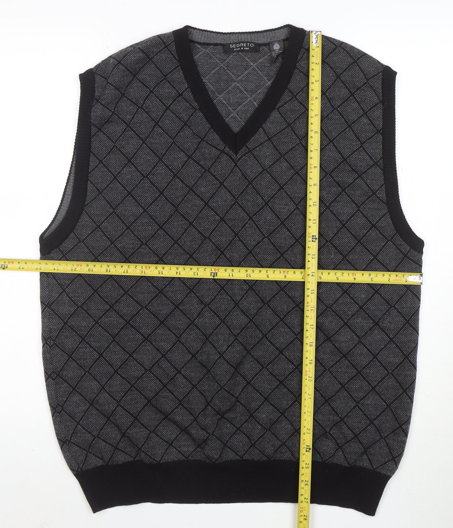 Segreto Men's Grey Argyle Merino Wool V-Neck Vest XL