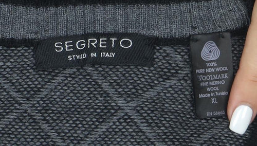 Segreto Men's Grey Argyle Merino Wool V-Neck Vest XL