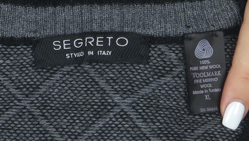 Segreto Men's Grey Argyle Merino Wool V-Neck Vest XL