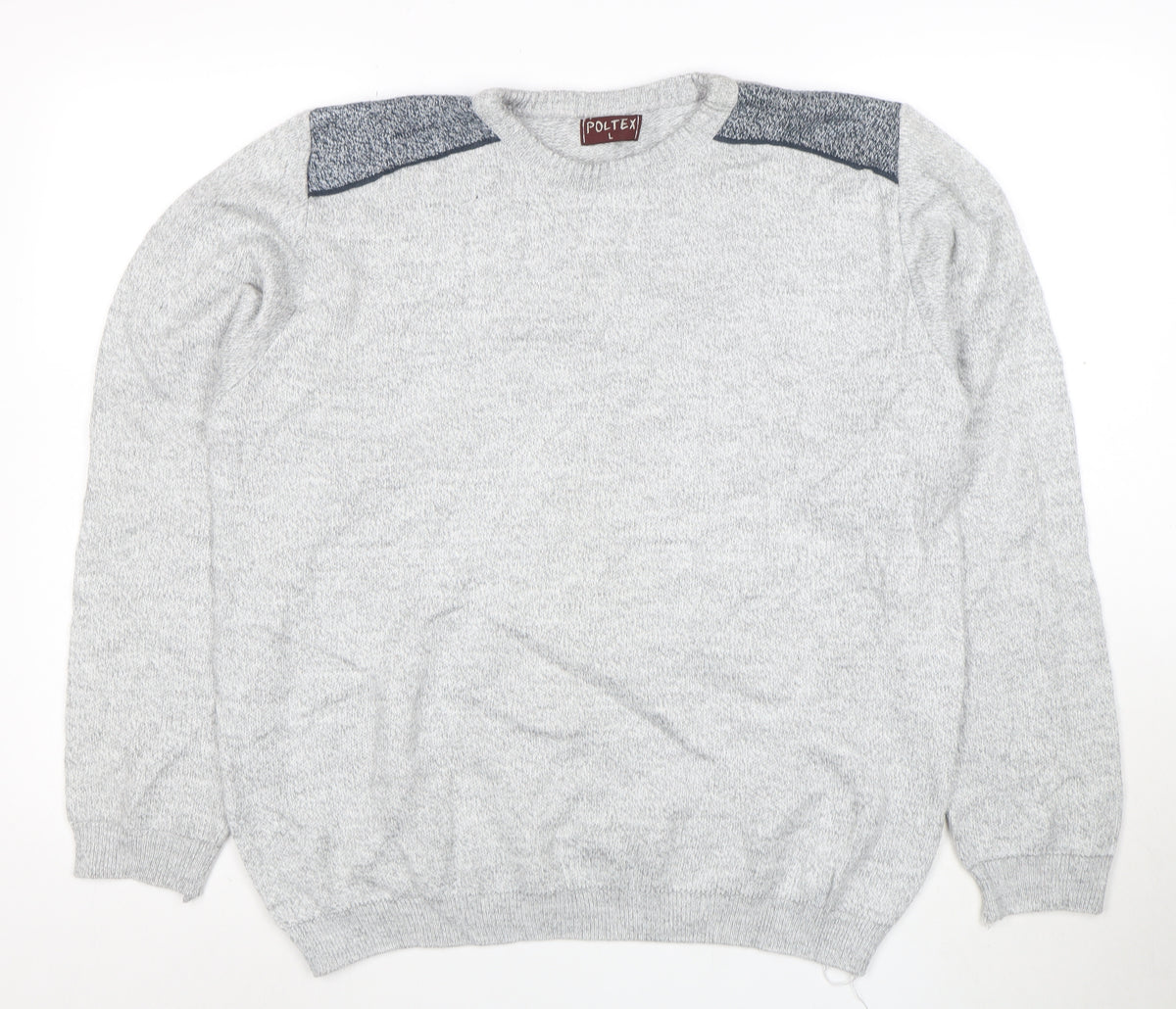 Back view of Poltex men’s grey crew neck knit jumper, size L