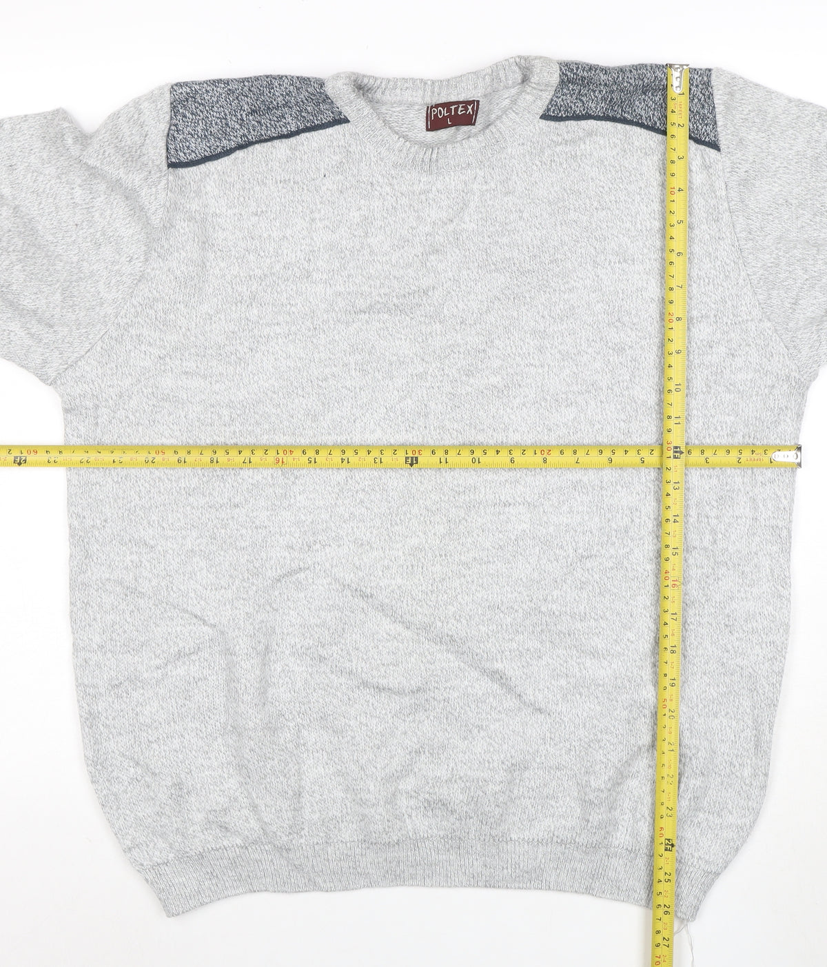 Brand and care label for Poltex men’s grey crew neck knit jumper, size L