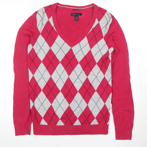 Tommy Hilfiger Womens Red Argyle V-Neck Jumper Size S 100% Cotton