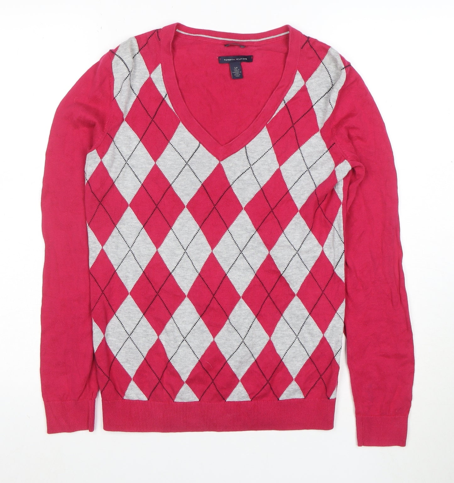 Tommy Hilfiger Womens Red Argyle V-Neck Jumper Size S 100% Cotton