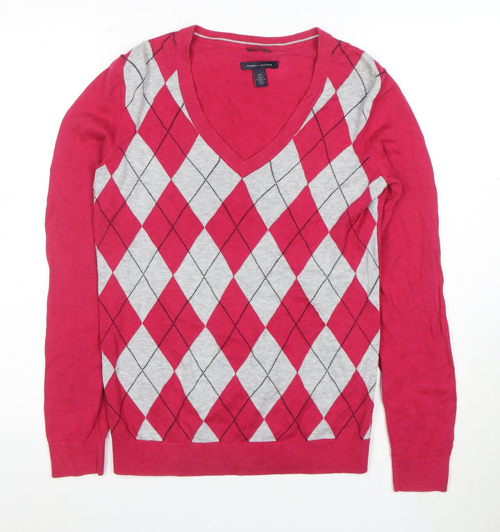 Tommy Hilfiger Womens Red Argyle V-Neck Jumper Size S 100% Cotton
