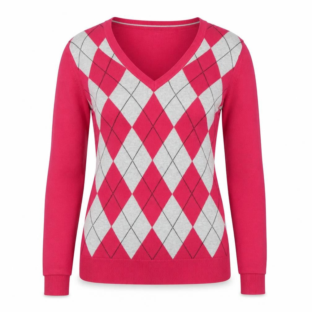 Tommy Hilfiger Womens Red Argyle V-Neck Jumper Size S 100% Cotton