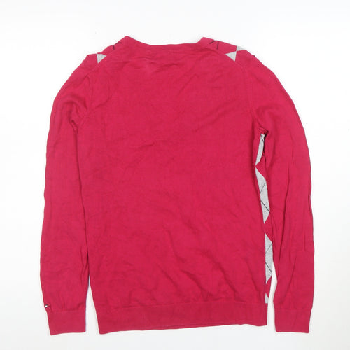 Tommy Hilfiger Womens Red Argyle V-Neck Jumper Size S 100% Cotton