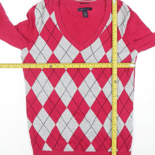 Tommy Hilfiger Womens Red Argyle V-Neck Jumper Size S 100% Cotton