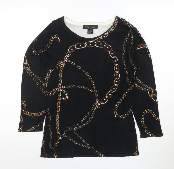 Venue Womens Black Chain Print 3/4 Sleeve Stretch Top M